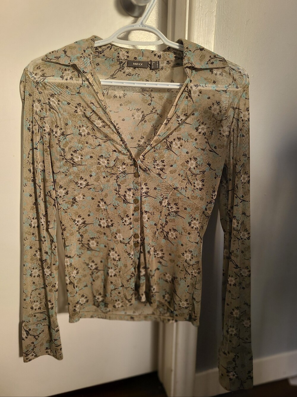 Mexx Beige Floral Long Sleeve Button-Down Top with Blue Accents